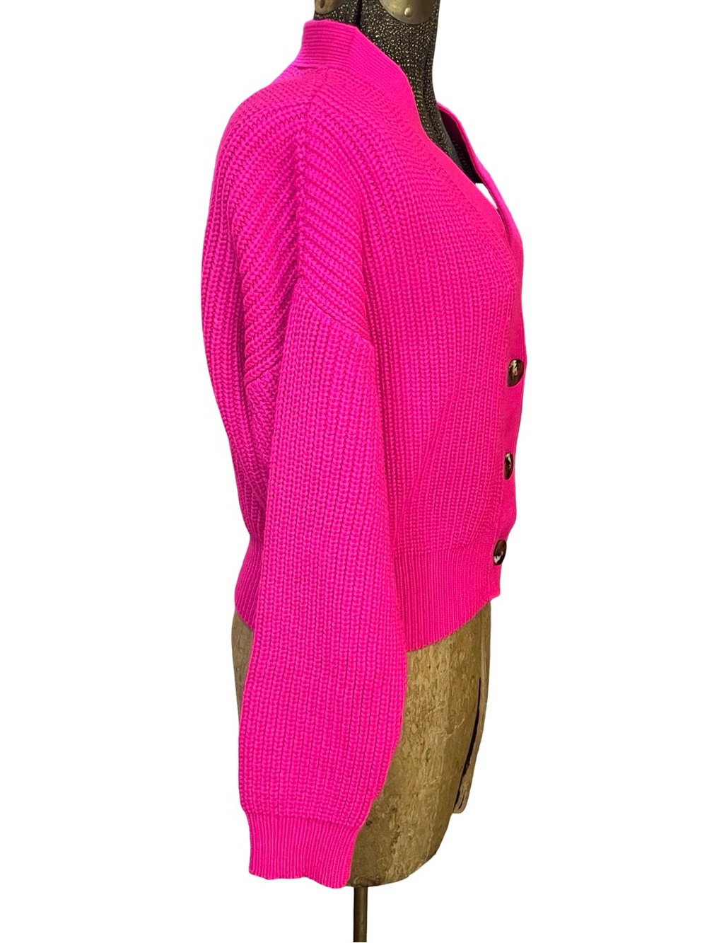 Anthropologie Maeve Hot Pink Chunky Knit Cropped Cardigan Sweater - Picture 5 of 11